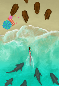 A person swimming with blood streaming behind her as sharks follow. Bears wait on the beach. 