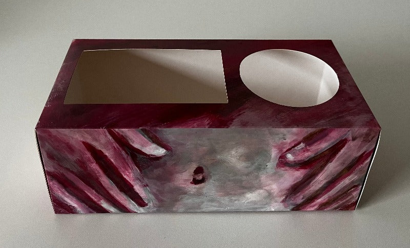 A Period Box with a rectangle opening on the left and a circular opening on the right. The front side is an image of a midriff with hands resting on each side. This is a painting by A.Decker creations