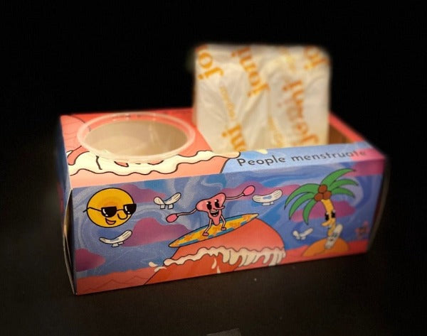 Inclusion period box four: shows a uterus surfing on a crimson wave. on the top of the box it says people menstruate