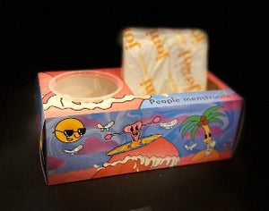 Inclusion period box four: shows a uterus surfing on a crimson wave. on the top of the box it says people menstruate