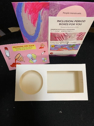 A blank period box, with a Amsa Yaro collection sticker sheet and a folder Inclusion Period Box standing up behind it. 