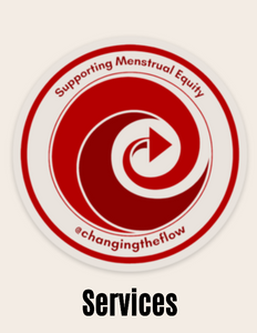 Round Changing The Flow Logo, supporting menstrual equity across the top wrapping the circle, and @changingtheflow wrapping the bottom. The logo is a red circular arrow going inwards in a loop. 