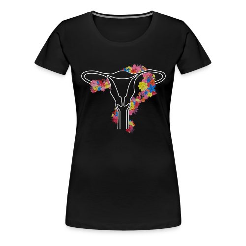 The Uterus Shirt, a drawing of a uterus with flowers, on a black tshirt