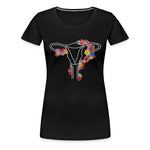 Load image into Gallery viewer, The Uterus Shirt, a drawing of a uterus with flowers, on a black tshirt
